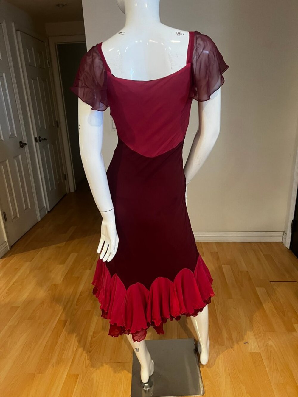 VINTAGE 90'S Y2K BETSEY JOHNSON RUFFLE COLORBLOCK SILK DRESS SZ 4 FAIRY GRUNGE - Picture 4 of 7